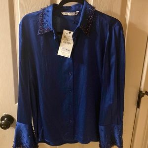 Nwt Zara Rhinestone satin effect shirt